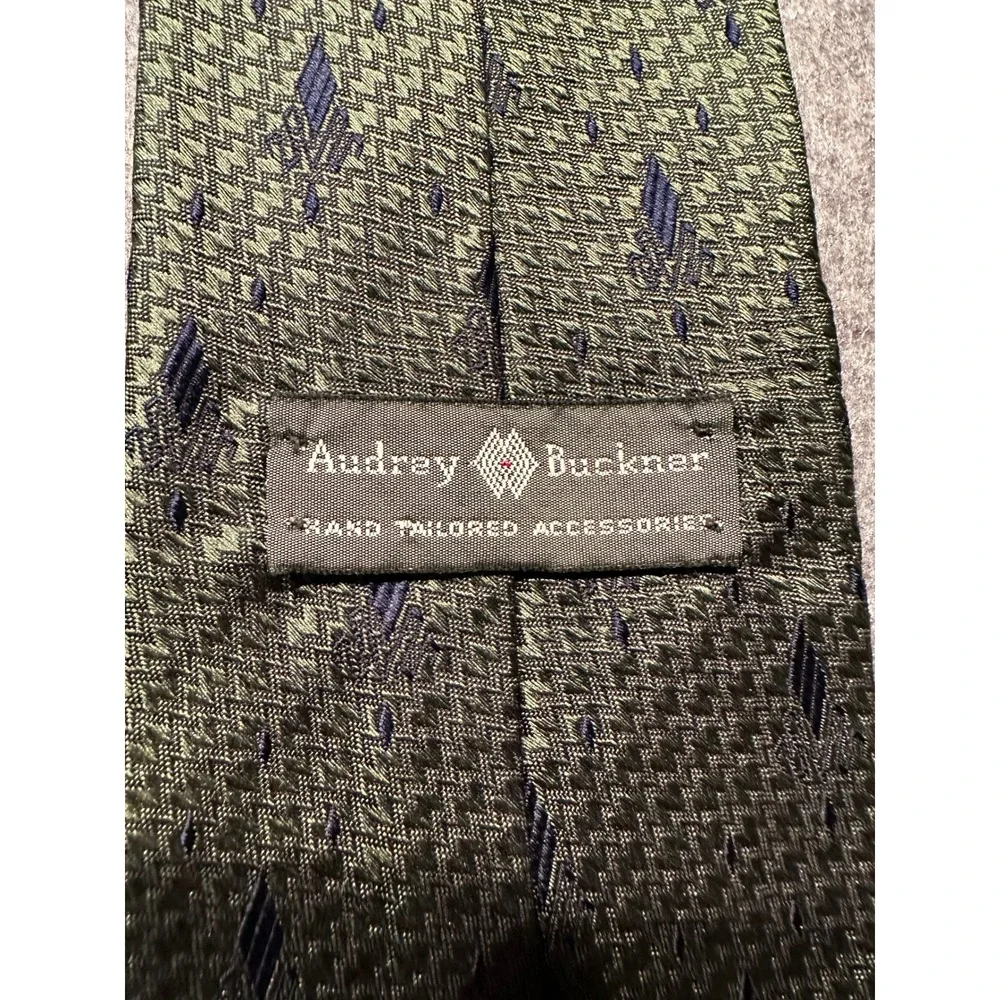 Audrey Buckner Mens Tie Olive Green Navy Blue Geometric Hand Tailored Accessory